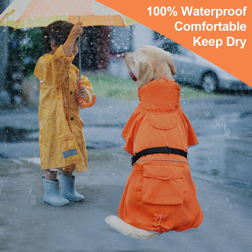 KOOGAL Reflective Dog Raincoat Waterproof Adjustable Dog Hooded Poncho Raincoat for Medium Large Dogs, Lightweight Pet Rain Jacket (Orange, 3XL)