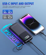 Portable Charger, Power Bank, 15000mAh Battery Pack Fast Charging Lightweight, Built-in AC Wall Plug and 2 Output Cables with LED Display for iPhone15 14 13 12 11 Samsung iPad etc(Deep Black)