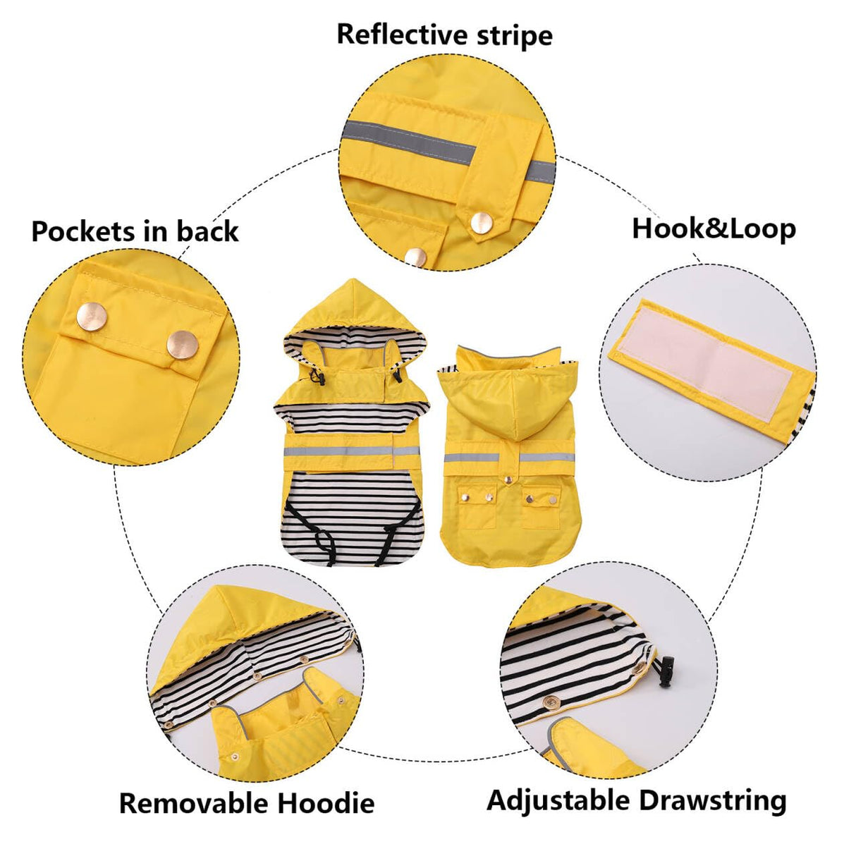 Dog Raincoat Puppy rain Jacket with Removable Hood for Small Medium Breeds Reflective Strap Storage Pockets in Cold Day Yellow M