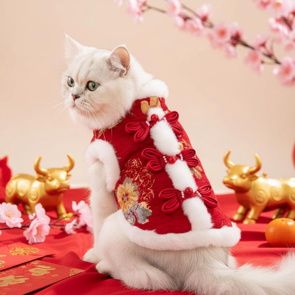 Festive Lunar New Year Pet Costume for Cats Small Dogs, Traditional Red Tang Suit Style Pet Clothes Outfit (Red,X-Small)