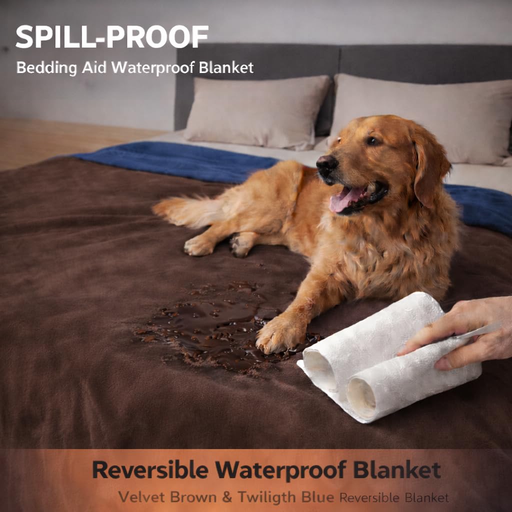 Bedding Aid Waterproof Blanket for Bed, Couch, Kids & Pets Protection – Splash-Proof, Spill-Proof, Leakproof Flannel Blanket Reversible Design (Velvet Brown & Twilight Blue, 60x80)