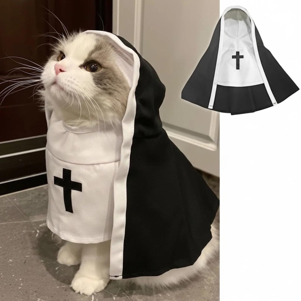 MANON ROSA Cat Costume Nun Dress- Funny Halloween Cloak Outfit for Small Medium Dogs, Cosplay Apparel for Photoshoots Parties Social Media, Adorable Pet Clothing (XL(Rec wt.23-33lbs))