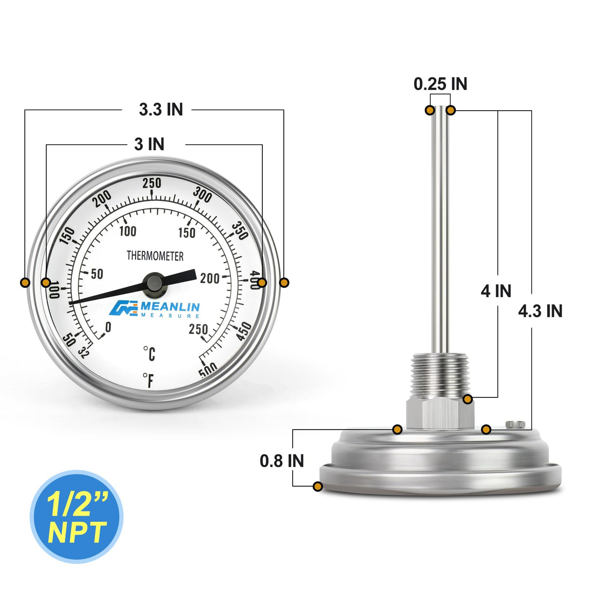 MEANLIN MEASURE 2Pcs 1/2" NPT Bimetal Thermometer for hot Water, boilers, and Pipes，3" Dial, 4" Stainless Steel Stem，Temperature Range 50-500°F/10-250°C, Accuracy 2%,Lower Mount