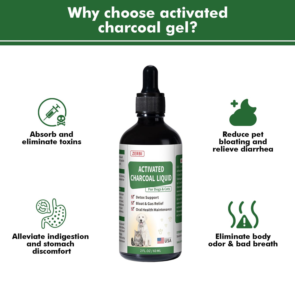 Liovsiso Activated Charcoal for Dogs(Liquid)–Dog First Aid Essential, Ready Rescue for Dogs – Detox, Diarrhea & Gas Relief, Non-GMO, 60ml
