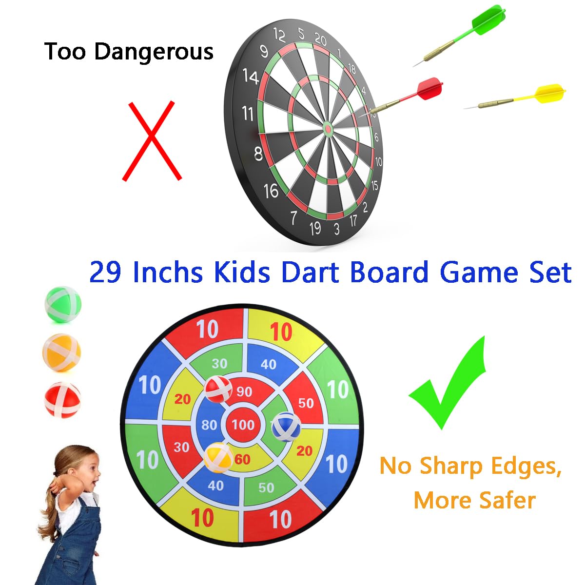 29" Kids Dart Board Game Set, Large Dart Board Toys with 24 Sticky Balls, Sticky Dart Board Indoor Outdoor Sport Fun Party Game Toys for Kids Boys Girls Ages 3 4 5 6 7 8 9 10