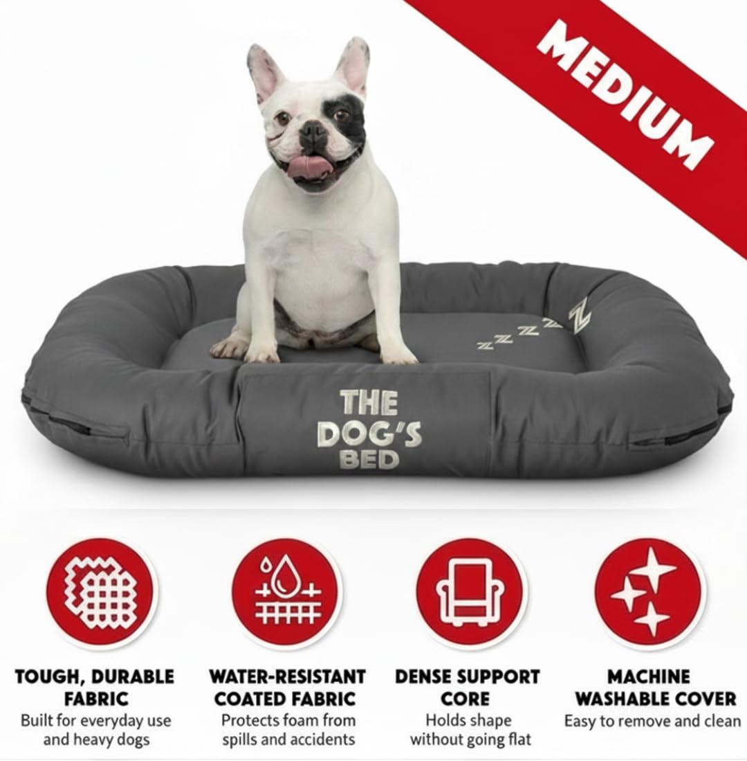 The Dog’s Bed Utility Waterproof Dog Bed for Medium Dogs, Grey - Washable Durable Indoor Outdoor Dog Bed, Tough Oxford Fabric, Removable Cover, Crate Car Kennel Travel Bed