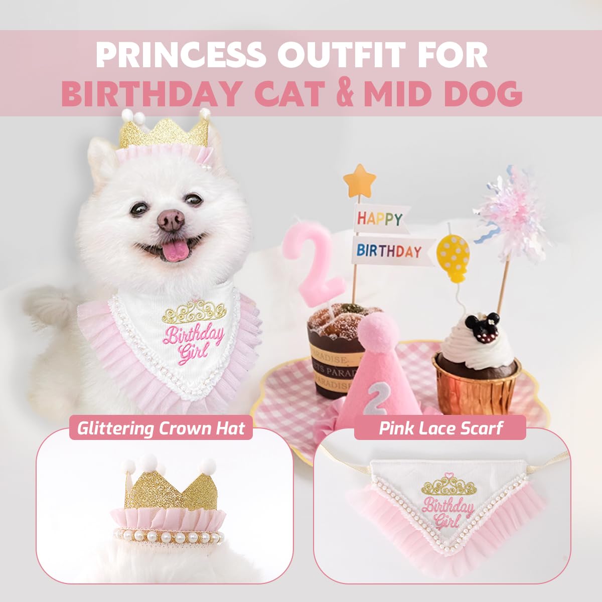 Princess Dog Crown Hat Scarf Set, Dog Birthday Hat Dress Outfit, Wedding Party Supplies for Girl Cats and Small Mini Dogs (GoldPearl)