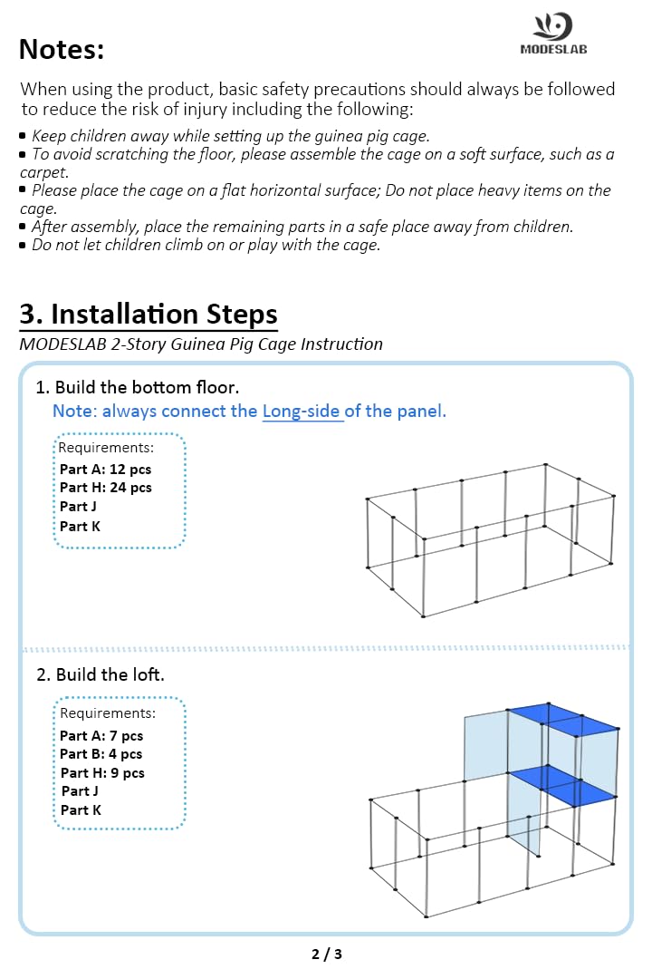 MODESLAB Guinea Pig Cages with Tarp and Bedding Pee Pad Liner, 2-Story Large Guinea Pig Playpen C&C Loft Cage for 2 Rabbit Bunny Chinchilla Small Animal Habitat for Indoor