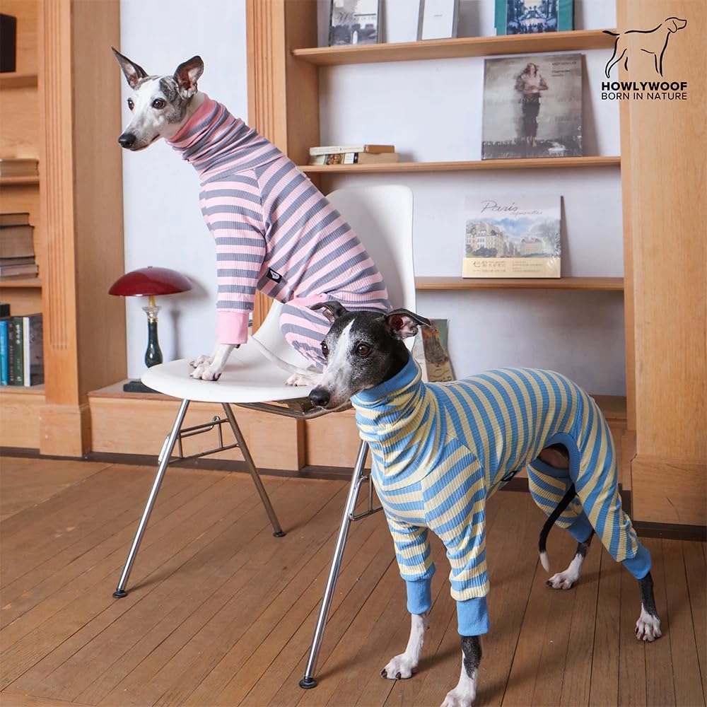 HowlyWoof Whippet Shirt, Thin Striped Base Layer Onesie for Greyhounds, Lightweight Striped Base Layer for Sighthounds (Pink&Grey, Size 8(35-41lbs))