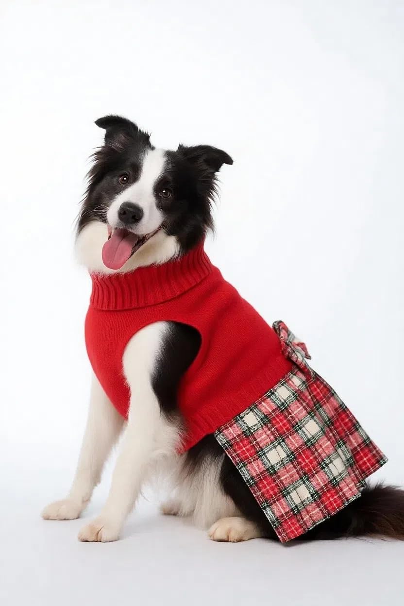 Lanyarco Burgundy Red Dog Dress for Large Dogs Girl, Winter Warm Female Pet Clothes Outfits, Dog Sweater Dress for Dogs Red, X-Large (XL) Size