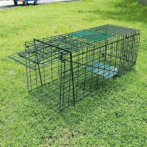 Collapsible Humane Live Animal Cage Trap No-Kill Trapping Kit for Humane Catch Release Rabbits, Stray Cat, Squirrel, Raccoon, All Fit Sized Animals, Heavy Duty, 2-Door 26" x 9.5" x 10.2", Hidden Green