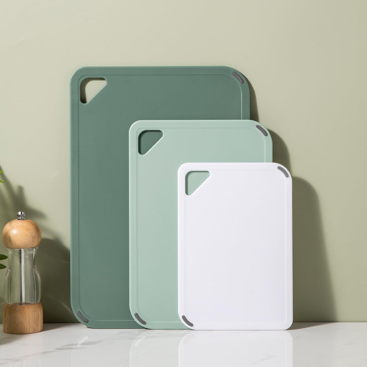 Plastic Cutting Board Set of 3-Cutting Boards for Kitchen BPA Free, Large-Small Chopping Boards Non-Slip for Cooking Camping Dishwasher Safe, Reversible, with Grip Handle, 15"×10"×0.25" Green