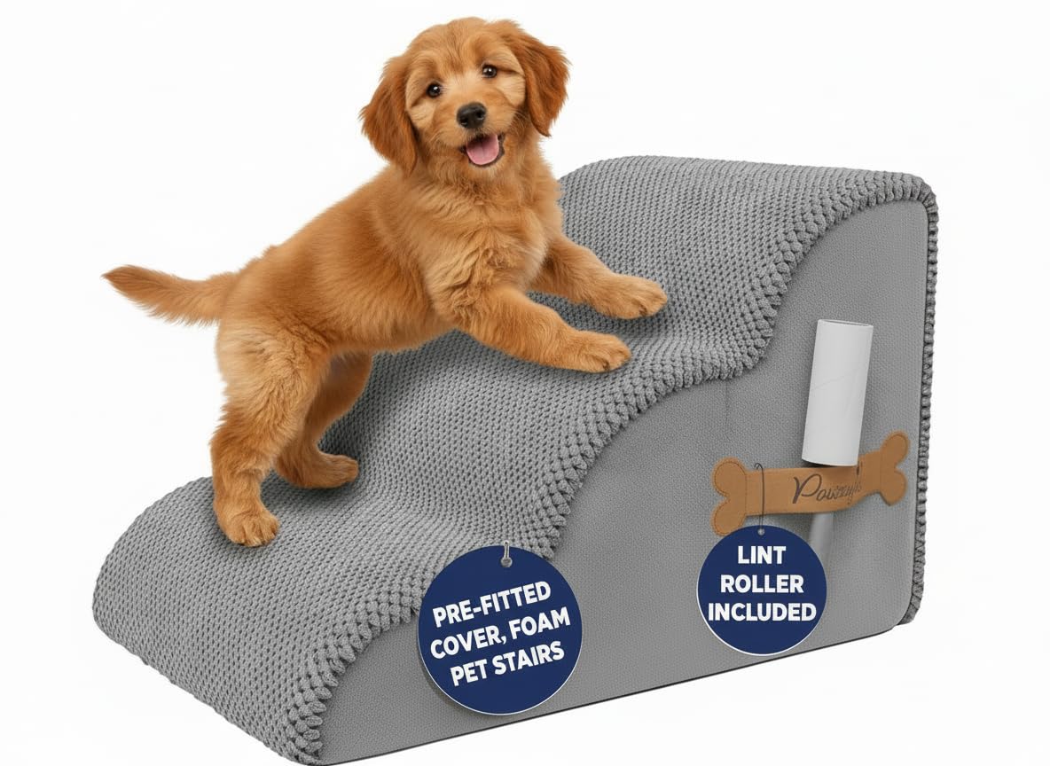 PAWZY Dog Stairs for Medium-Height Beds & Couches, 3-Step Foam Pet Steps 15.5” High for Small Dogs & Cats up to 60 lbs, Wide Non-Slip, Waterproof Washable Zipper Cover, No Assembly, Grey