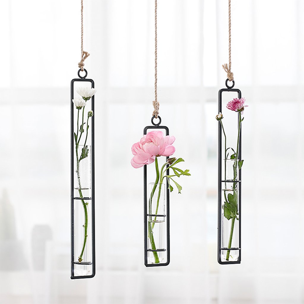 AODERUM Hanging Glass Planter Water Iron Art Hydroponic Vase Transparent Test Tube Flower Hanging Bottle Home Decoration (3pcs-S,M,L)