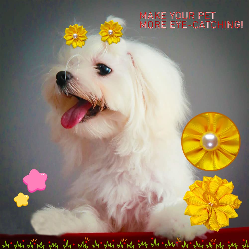 Mruq pet 80pcs Dog Flower Bows, Bulk Pet Small Dog Hair Bows with Rubber Bands, Mix Handmade Tiny Dog Hair Grooming Bows, Pearls Flowers Topknot Dog Bows for Puppy Yorkie Dog Hair Accessories