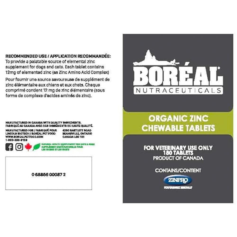 Boreal Nutraceuticals Zinpro Organic Zinc 180 Chewable Tablets for Dogs and Cats - 1 Bottle
