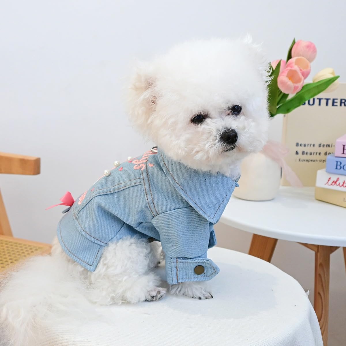 Dog Jean Jacket Girl Puppy Clothes Funny Apparel Outfits with Letter，Pearl ，Crown，Bow Decor Small Dog Clothes Cat Shirts Pink Bow L