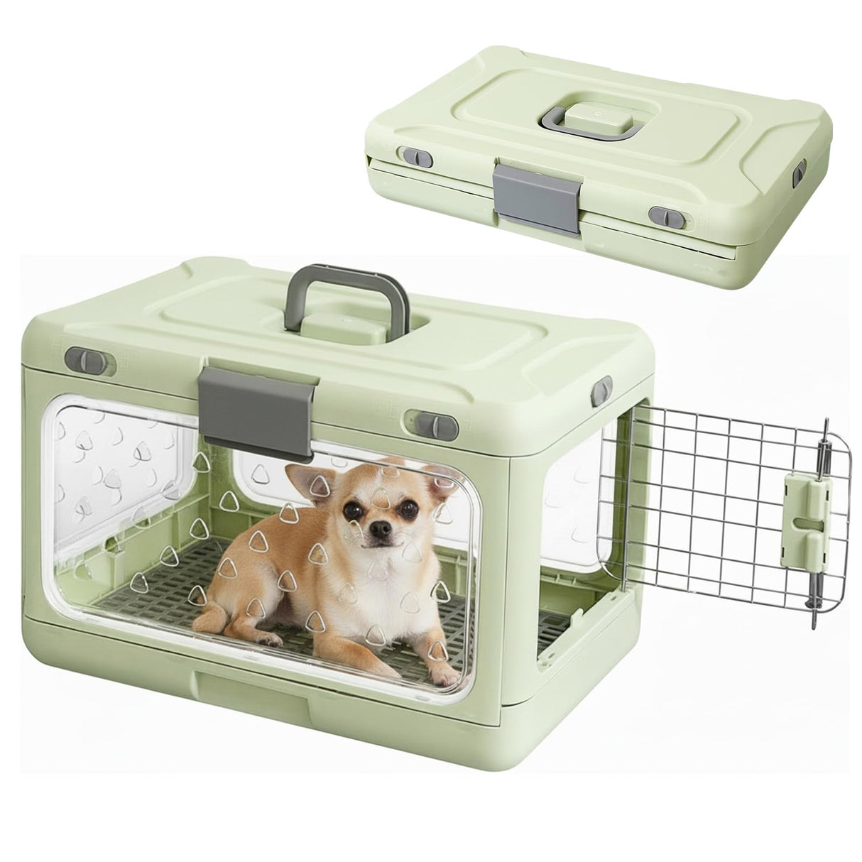 Velupet Zoom Hard Cat Carrier,Dog Crate for Small Dogs,Cat Kennel Clear,Foldable Dog Kennel with Urine Pad Mesh Grid,Ventilation & Hard Plastic Protection Transparent Pet Carrier 20" L,Green