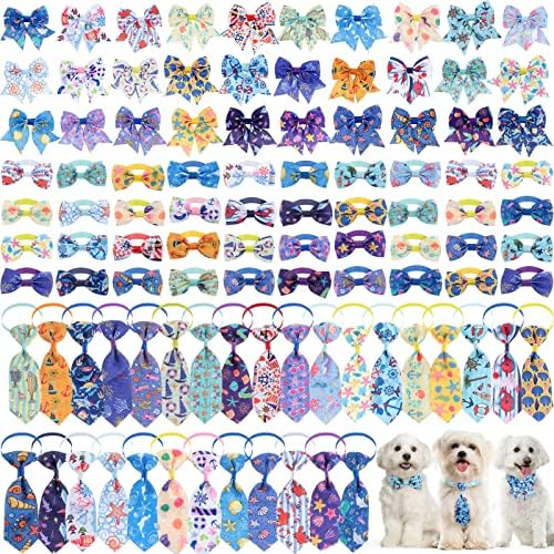 Reginary 100 Pieces Dog Bow Tie Collar Set Include 40 Dog Neckties, and 30 Puppy Bowties, 30 Collar Flowers, Adjustable Pet Ties Grooming for Small Medium Cats Pets Supply(Ocean)