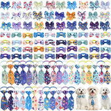 Reginary 100 Pieces Dog Bow Tie Collar Set Include 40 Dog Neckties, and 30 Puppy Bowties, 30 Collar Flowers, Adjustable Pet Ties Grooming for Small Medium Cats Pets Supply(Ocean)