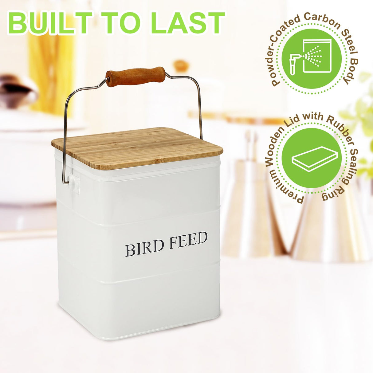 Brabtod Bird Seeds storage container,Bird Seed Container,Metal food tin for Birds, pet snacks Canisters with wooden lid/handle/sevice scoop,hold 5-6 lbs