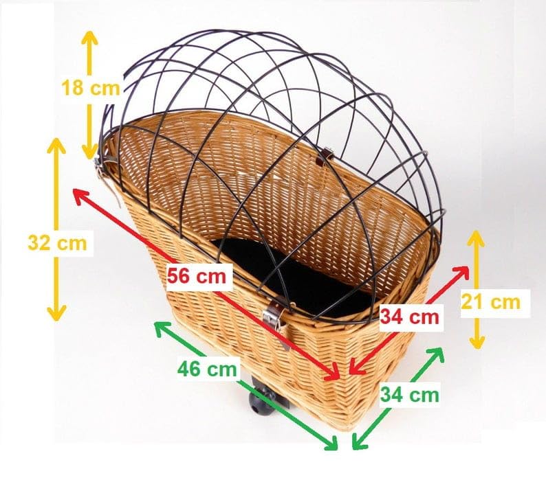 Wiklibox Natural Wicker Dog Bike Basket - 100% Organic Rattan Pet Carrier with Protective Grille - Eco Friendly Design - Soft Cotton Cushion & Mounting Bracket for Secure Bicycle Rear Luggage Rack
