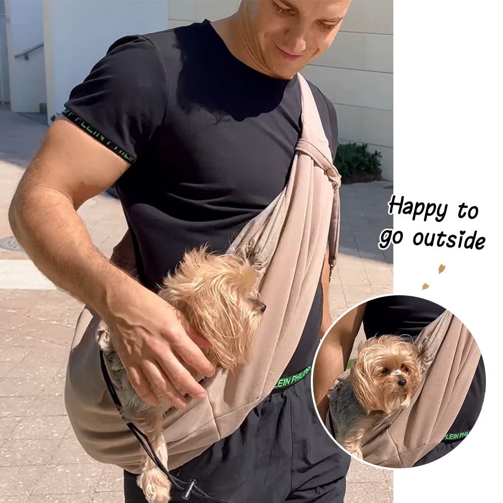NATUYA Pet Dog Sling Carrier - Dog Sling with Net Bag for Carrier Dogs Cats-Hands Free Pet Bag-Buckle net Pocket pet Bag (Khaki)