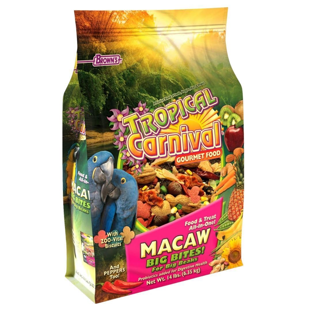 F.M. Brown's Tropical Carnival, Gourmet Macaw Food Big Bites for Big Beaks - Seeds, Veggies, Fruits, and Nuts with Probiotics - 14 lb