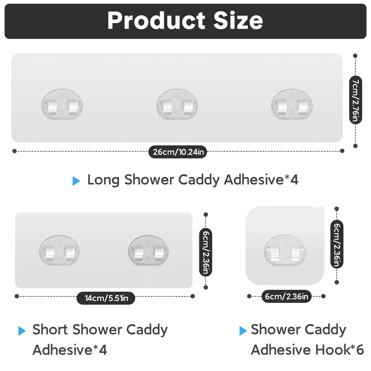 14 Pack Shower Caddy Adhesive Replacement, Strong Adhesive Hooks, Waterproof Shower Adhesive Strips, No Drilling, for Bathroom Storage Shelves and Kitchen Racks