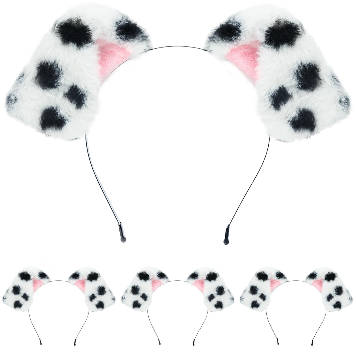 Beviliu 4 Pack Animals Ear Realistic Dalmatian Dog Ears Headband Fluffy Cat Bunny Pig Hairband Halloween Christmas Costume for Washing Makeup Cosplay Party
