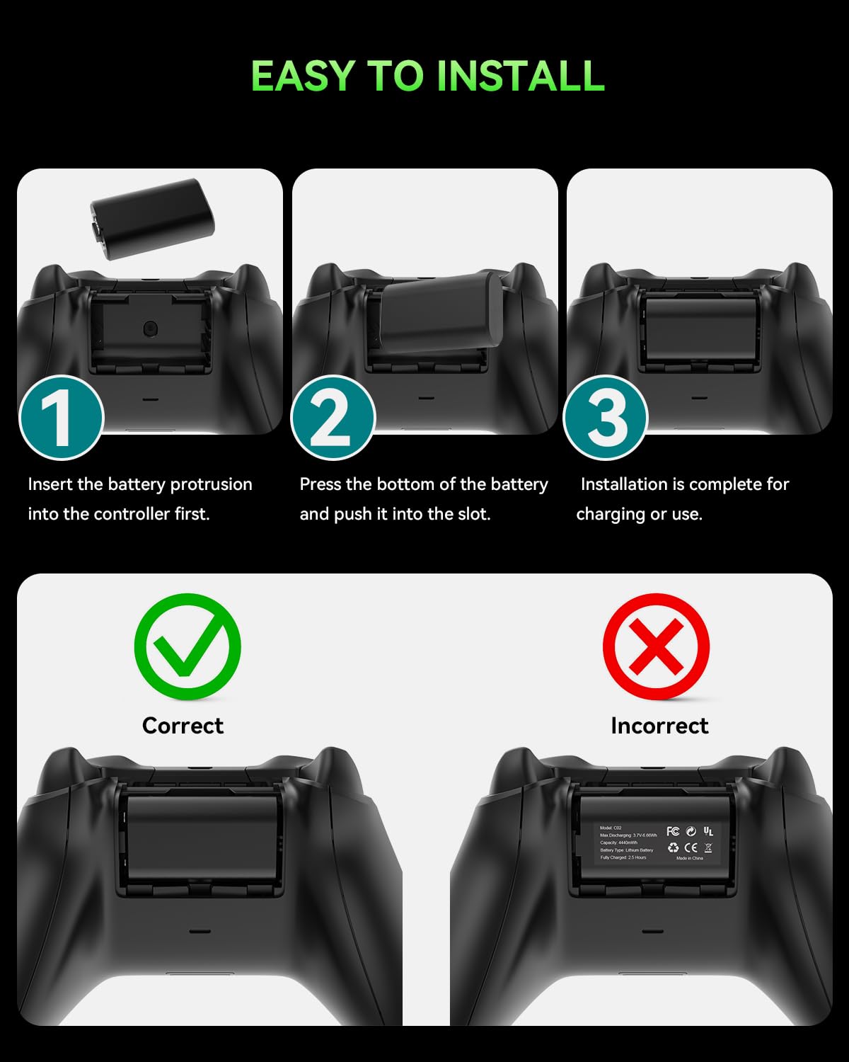 Rechargeable Battery Pack for Xbox Series X|S/One, 2 Pack 4440mWh 3.7V Battery Pack for X-Box One/S/X/Elite All Xbox Controllers Supports Use While Charging (Includes 2 Batteries Only)