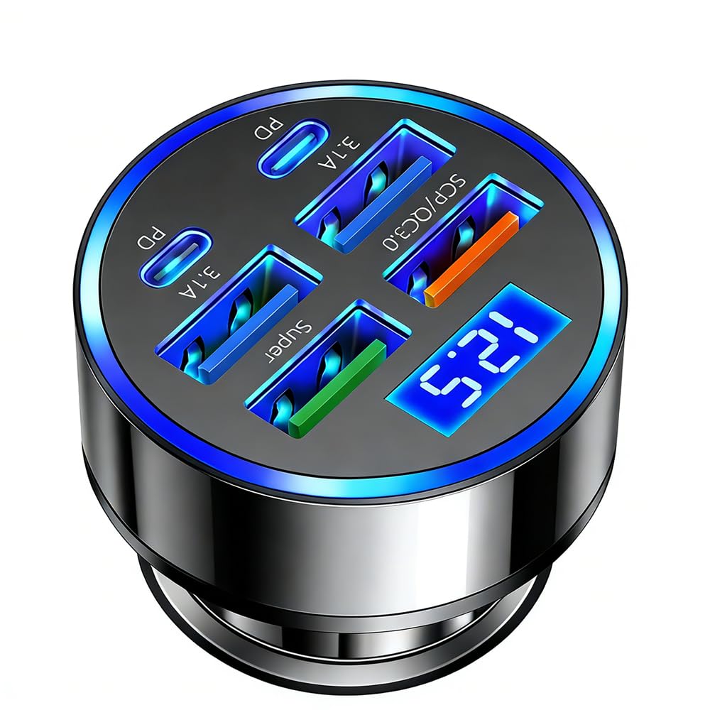 USB C Car Charger Adapter with Voltmeter Compatible with iPhone 16 15 14 13 12 11, Android, Samsung, Super+ QC3.0 6 in 1 Multi-Port Super Fast Charging Cigarette Lighter USB Charger