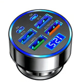 USB C Car Charger Adapter with Voltmeter Compatible with iPhone 16 15 14 13 12 11, Android, Samsung, Super+ QC3.0 6 in 1 Multi-Port Super Fast Charging Cigarette Lighter USB Charger