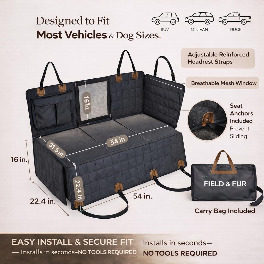 Field & Fur Dog Car Seat Extender Hard Bottom for Back Seat – Quilted Waterproof Dog Car Seat Cover with Non-Slip Base & Side Flaps, Back Seat Extender for Dogs, Fits SUVs & Trucks