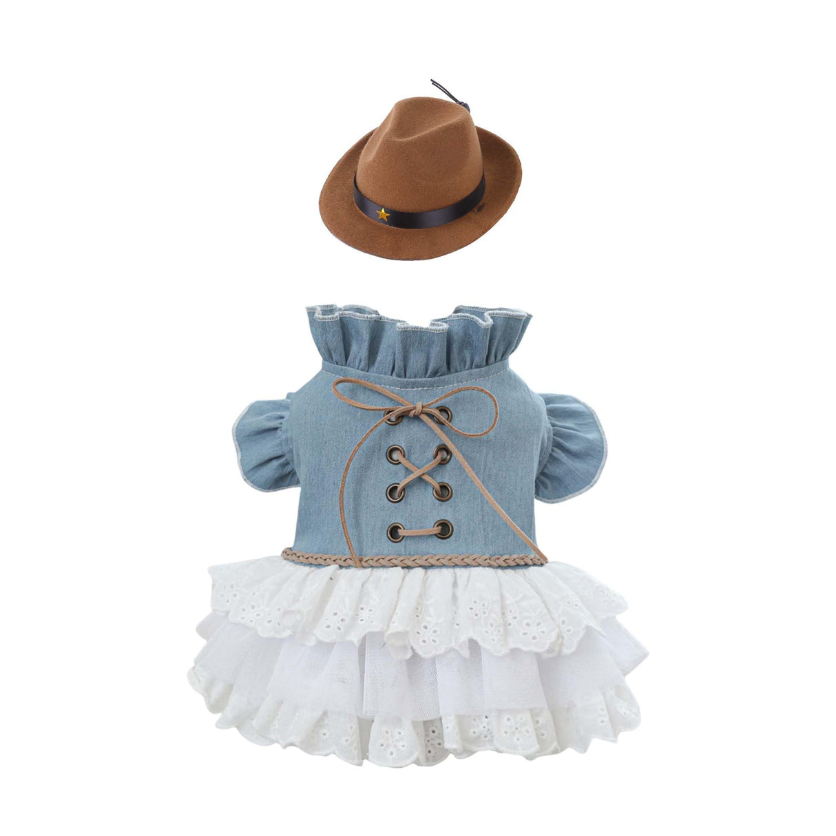 FLAdorepet Western Dog Cowgirl Denim Dress with Dog Hat,Pet Halloween Texas Cowboy Cowgirl Costumes Outfits for Small Dogs Girl Cat Apparels (Blue, M)