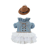 FLAdorepet Western Dog Cowgirl Denim Dress with Dog Hat,Pet Halloween Texas Cowboy Cowgirl Costumes Outfits for Small Dogs Girl Cat Apparels (Blue, M)