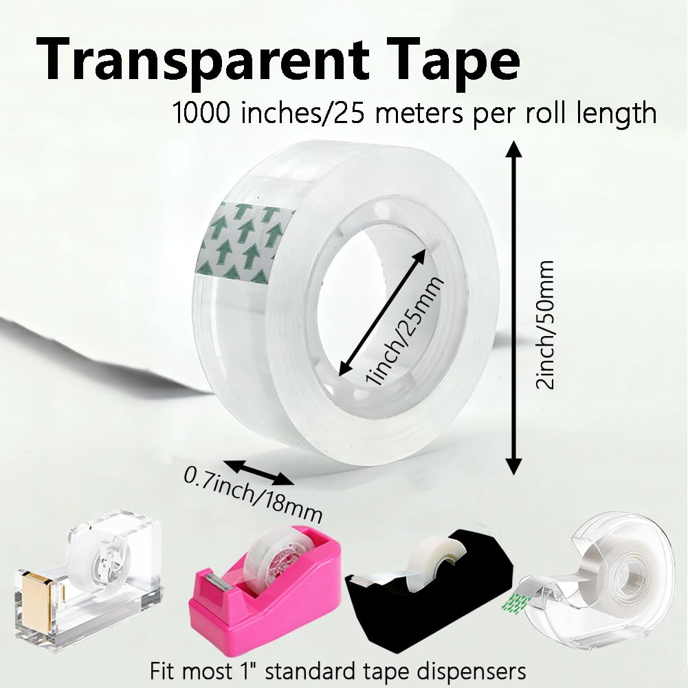 Zizlurnar 12 Rolls Transparent Tape Refills Rolls, Clear Tape, 1 in Core, 3/4 x 1000 in, Gift Packaging Tape Refill Roll for Office, Home, School
