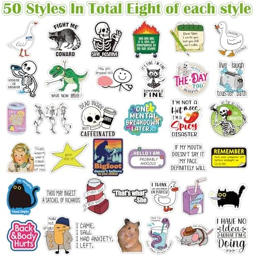 400 Pcs Funny Stickers for Adults Funny Waterproof Water Bottles Stickers Pack for Laptop, Bumper, Phone, Hard Hats, Wall, Window Decals Decors, 50 Styles
