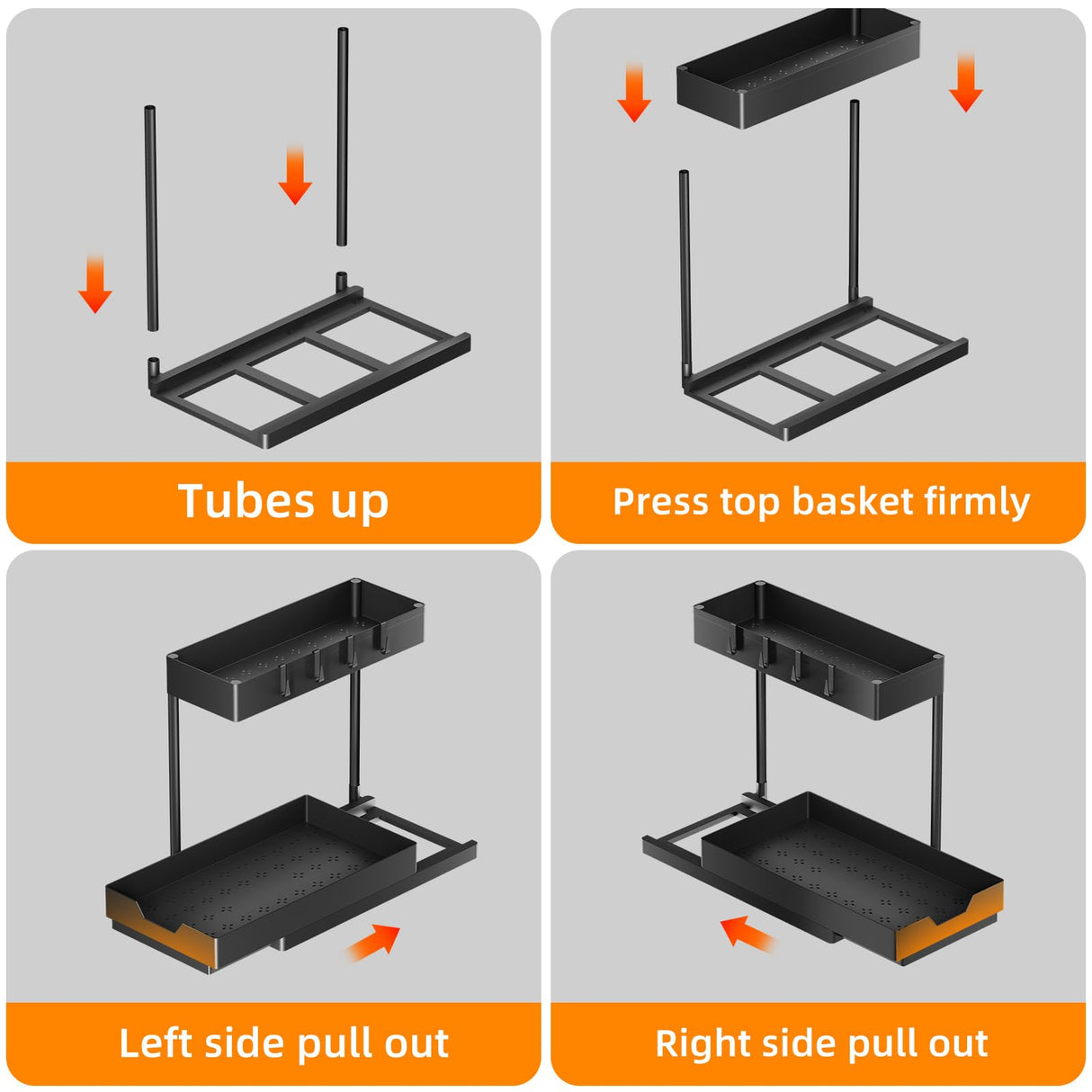 Under Sink Organizer 2 Pack, 2 Tier Cabinet Organizer with Sliding Basket, Multi-Purpose Sink Storage Basket with 4 Hooks for Kitchen Bathroom, Black