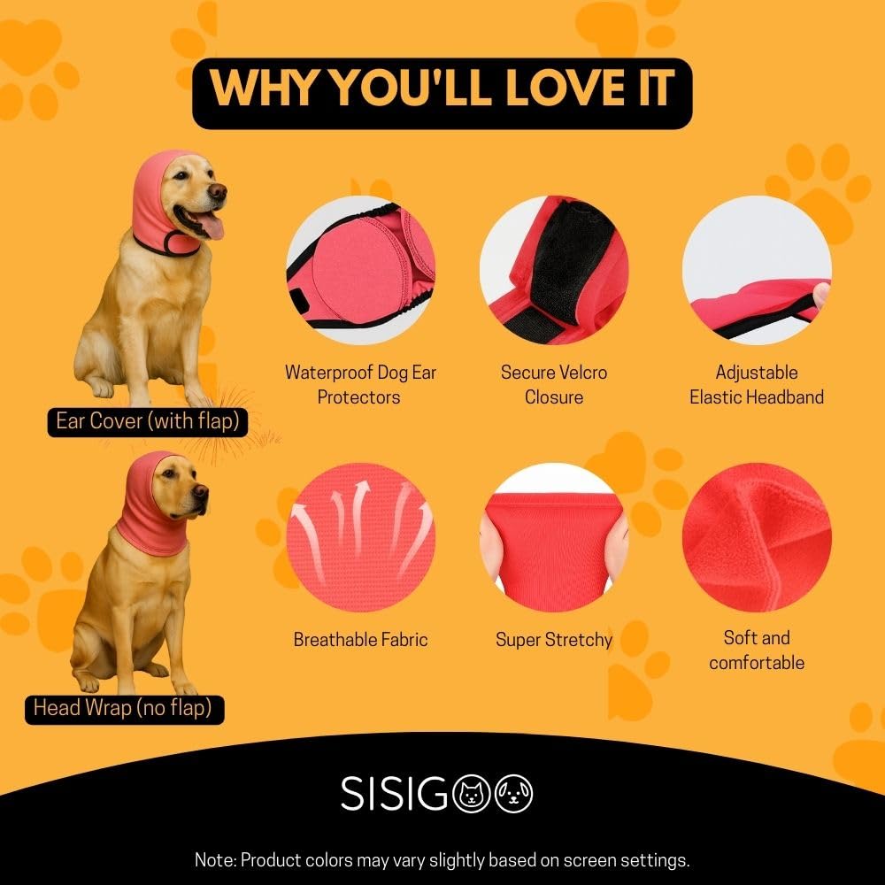 2-Pack No Flap Ear Wraps for Dogs & Dog Ear Muffs – No Shake Ear Wrap + Ear Cover with Noise Protection for Bath, Grooming & Drying – Anxiety Relief & Hematoma (Pink, L)