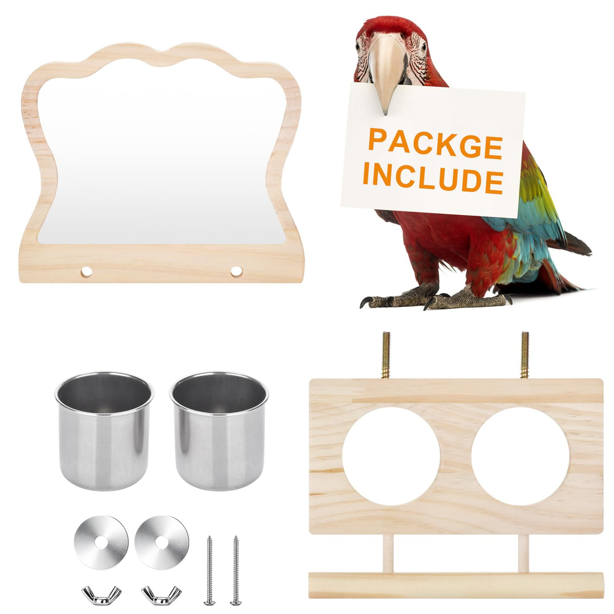 SMICEM Bird Perch Platform Toy with Mirror, Standing Rack & Stainless Steel Bowl - Wooden Play & Exercise Gym Stand, Cage Accessory for Cockatoos, Lovebirds, Budgies, Pacific Parrotlets & Canaries