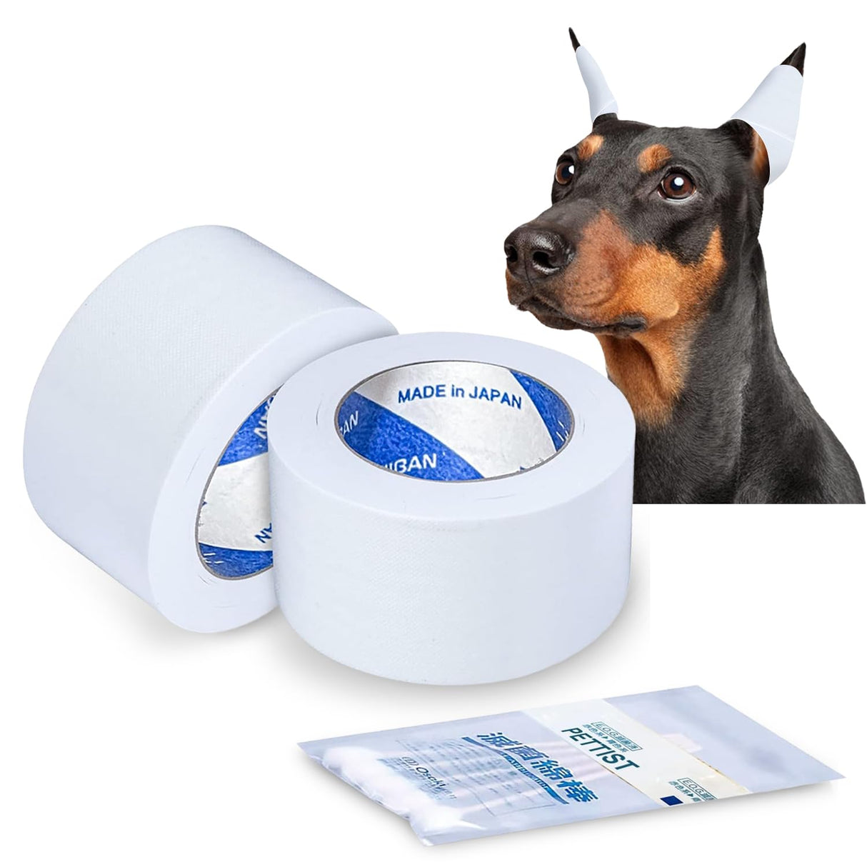 PETTIST Ear Tape for Dogs 2 Pack with Dog Ear Cleaner Cotton Swabs, Self Adhesive Cotton Tape for Dog Ear Protection and Support, Ear Care Set for Dogs (Tape Width_1 inch(25mm))