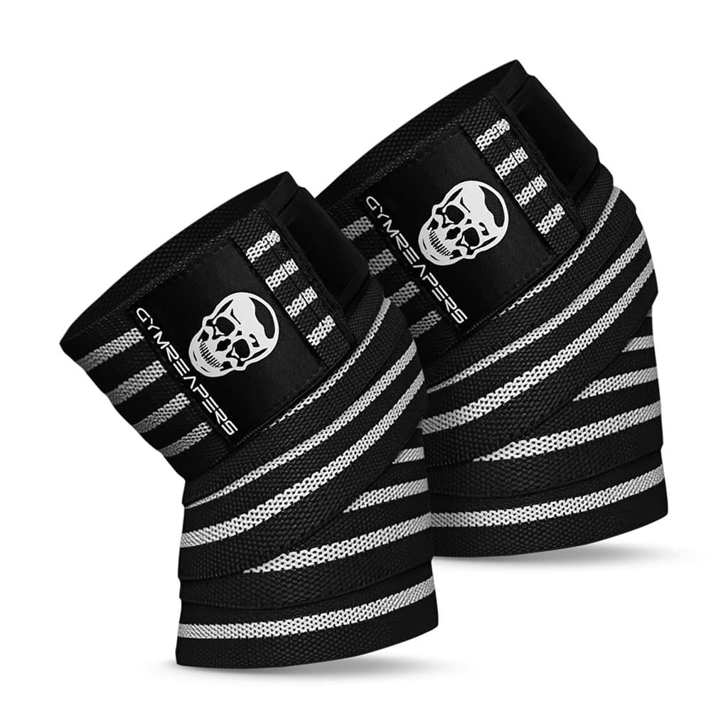 Gymreapers Knee Wraps (Pair) With Straps for Squats, Weightlifting, Powerlifting, Leg Press, and Cross Training - Flexible 72" Knee Wraps for Squatting - For Men & Women - 1 Year Warranty (White)
