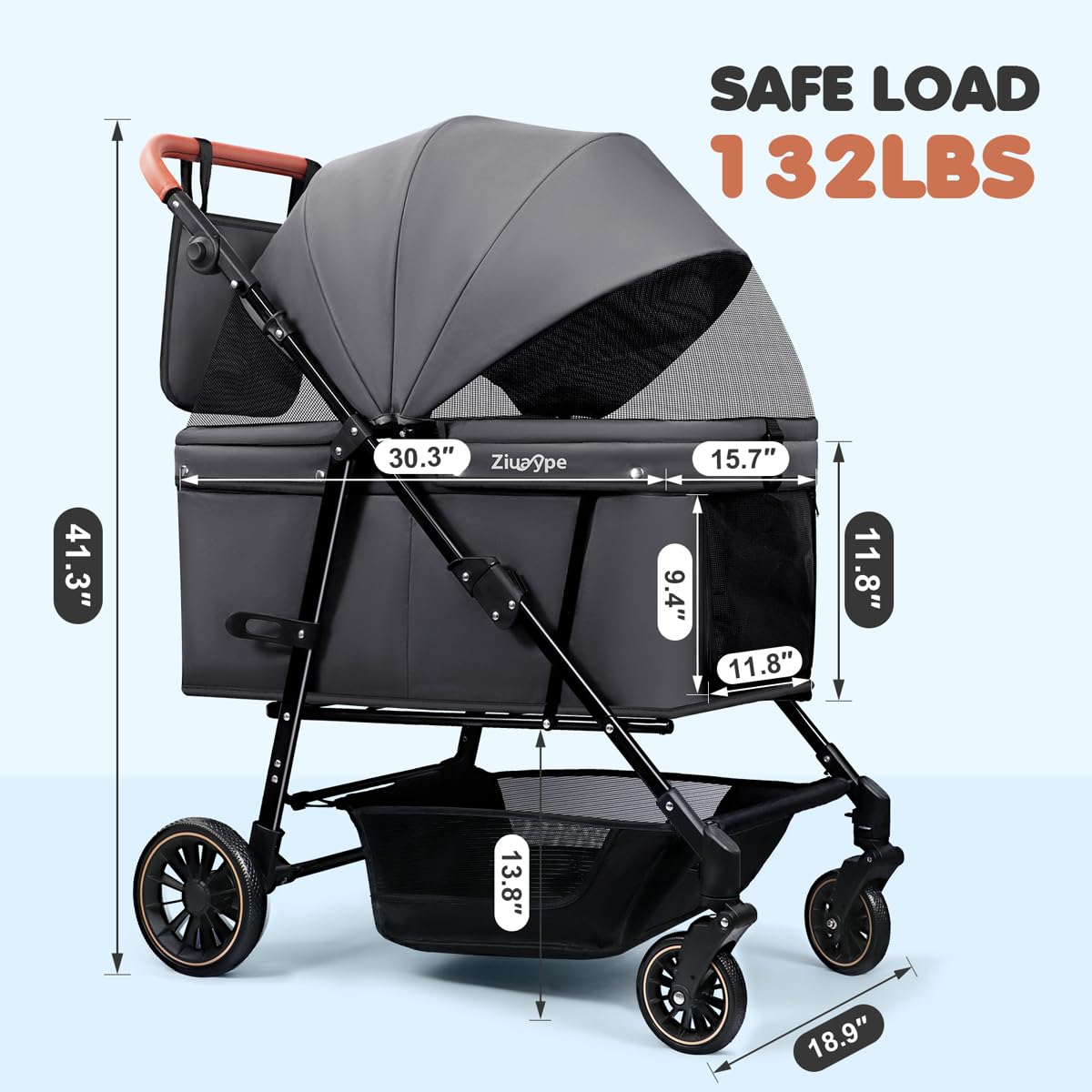 Dog Stroller for Large & Medium Dogs (20–132 lbs), Pet Stroller for 2 Small Dogs, Cat Strollers for 2 Cats, Extra Large Heavy Duty, Foldable & Fully Ventilated Design, Gray