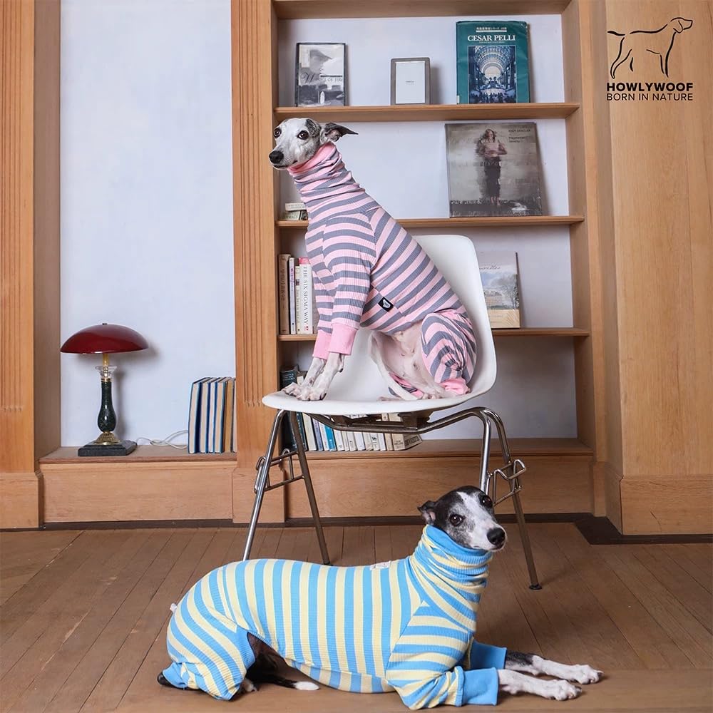 HowlyWoof Whippet Shirt, Thin Striped Base Layer Onesie for Greyhounds, Lightweight Striped Base Layer for Sighthounds (Pink&Grey, Size 8(35-41lbs))