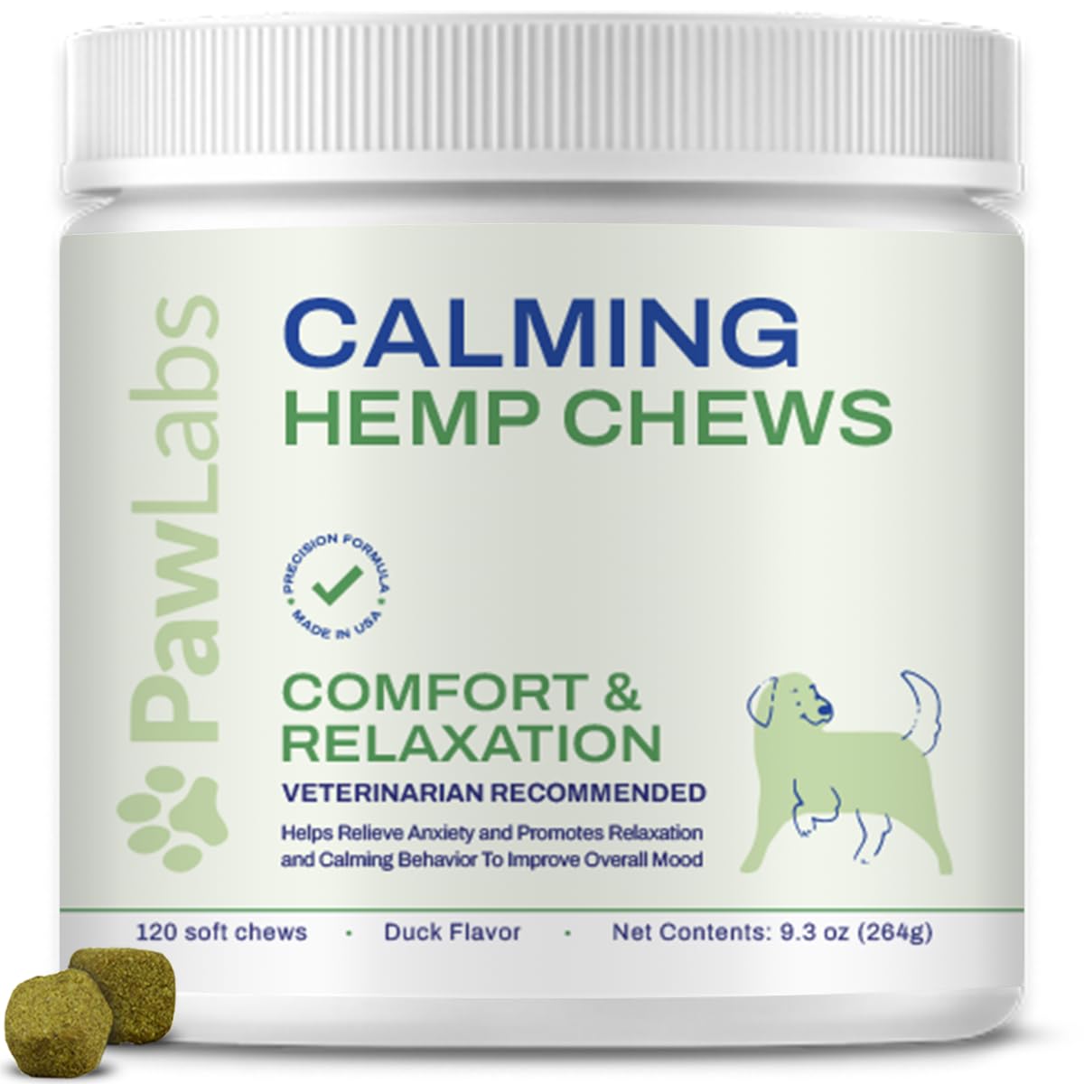 PAWLABS Calming Hemp Chews for Dogs - Relieve Anxiety & Stress - Organic Hemp, Chamomile, Protein Powder, Valerian Root - Natural Calming Aid - Vet Formulated, USA Made - Duck Flavor - 120 Count