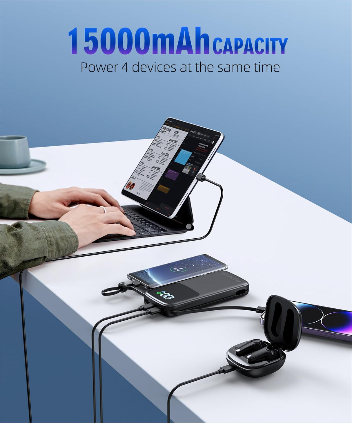 Portable Charger, Power Bank, 15000mAh Battery Pack Fast Charging Lightweight, Built-in AC Wall Plug and 2 Output Cables with LED Display for iPhone15 14 13 12 11 Samsung iPad etc(Deep Black)