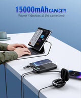 Portable Charger, Power Bank, 15000mAh Battery Pack Fast Charging Lightweight, Built-in AC Wall Plug and 2 Output Cables with LED Display for iPhone15 14 13 12 11 Samsung iPad etc(Deep Black)