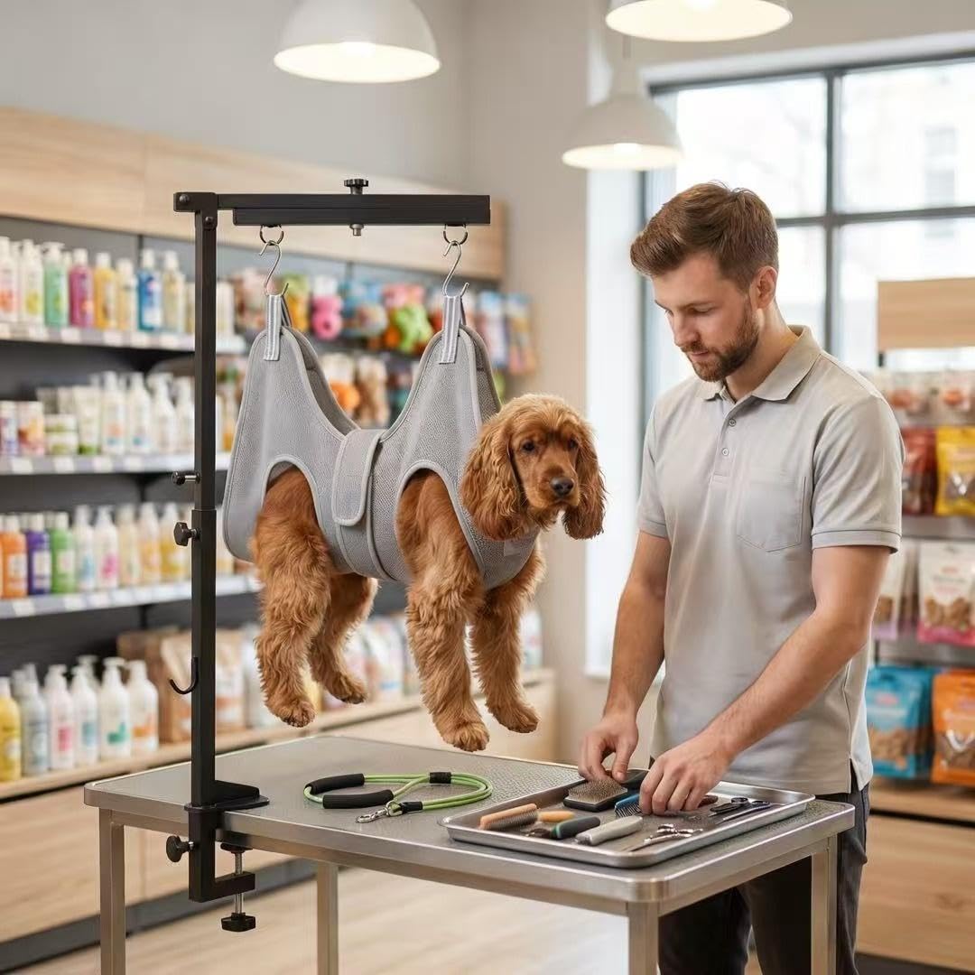 Mluyeri 360 Rotatable Dog Grooming Arm with Clamp,Foldable Adjustable Height Dog Grooming Table Arm with Hammock and Restraint Dog Leashes,Pet Grooming for Small Medium Dogs at Home or Salon