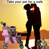 Dkeli 4 Wheel Pet Stroller for Small and Medium Dog Cats, Double Dog Stroller with Cup Holder, Folding Travel Cage for 2 Puppies or Two Kittens, Pink